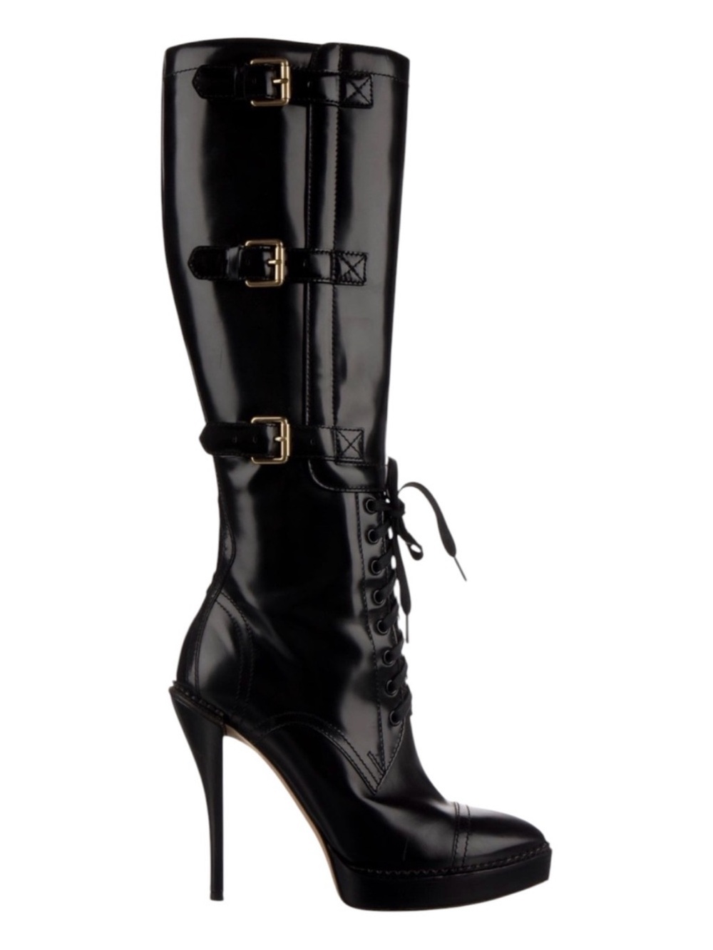 GUCCI Riddle Fall 2009 Black Patent Leather Platform Lace Up Buckle Moto Boots